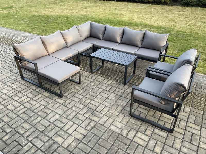 Fimous Aluminium Patio Outdoor Garden Furniture Lounge Corner Sofa Set with Oblong Coffee Table Big Footstool 2 Chair Dark Grey