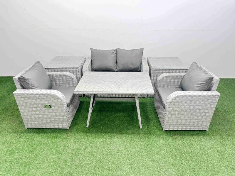 Fimous Light Grey PE Wicker Rattan Garden Furniture Set Sofa Set Reclining Chair Love Sofa Rectangular Dining Table 2 Side Tables
