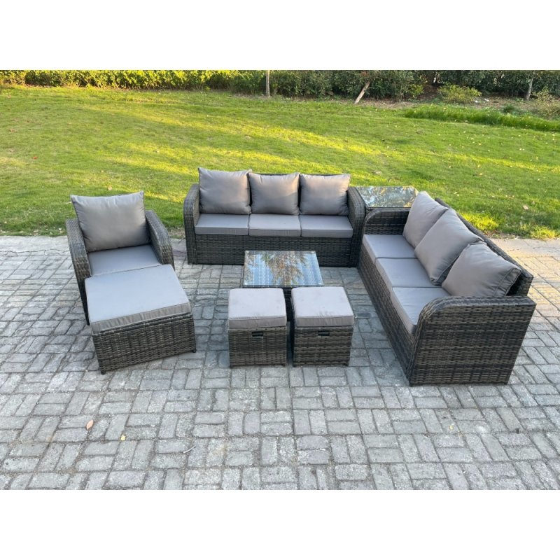 Fimous 10 Seater Outdoor Rattan Garden Furniture Set Conservatory Patio Sofa Coffee Table With Reclining Chair 3 Footstools Side Table Dark Grey Mixed
