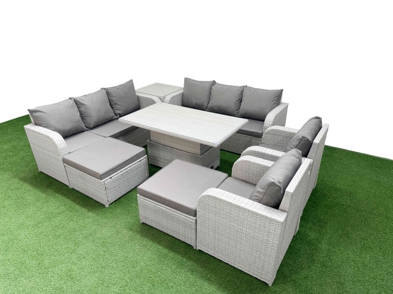 Fimous PE Rattan High Back Lounge Sofa Set Patio Adjustable Lifting Dining or Coffee Table & Chairs Set with 3 Seater Sofa Reclining Chair 2 Big Footstool Side Table Light Grey