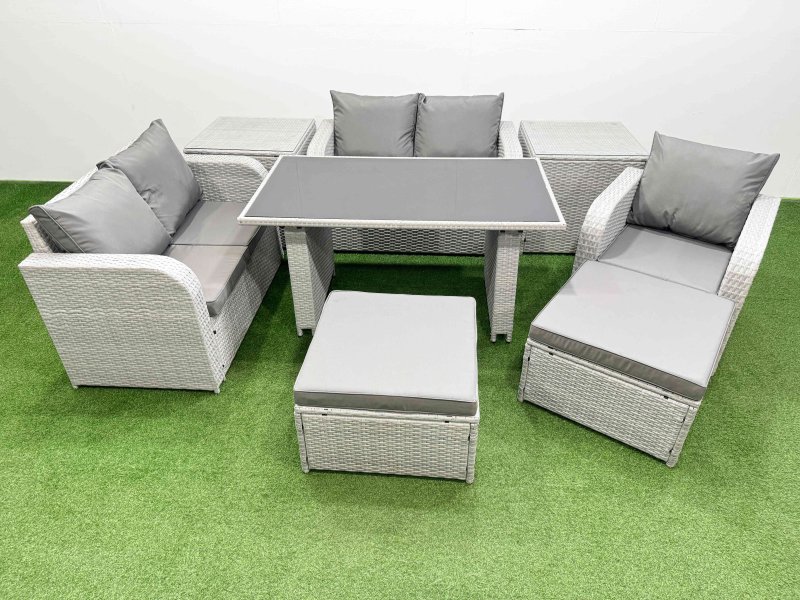 Fimous Rattan Sofa Outdoor Furniture with Dining Table,2 Side Tables,Love Sofa,2 Big Stools Patio Furniture Light Grey 7 Seater