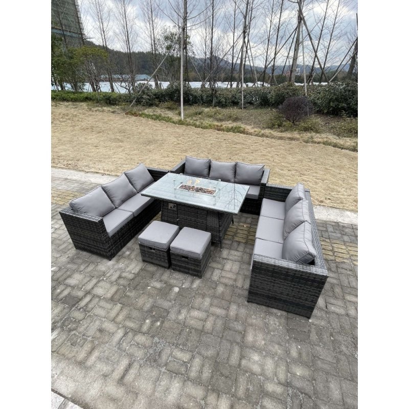 Fimous 11 Seater?Outdoor Lounge Rattan Sofa Set Garden Furniture Gas Firepit Set Dining Table With Stools Dark Grey Mixed