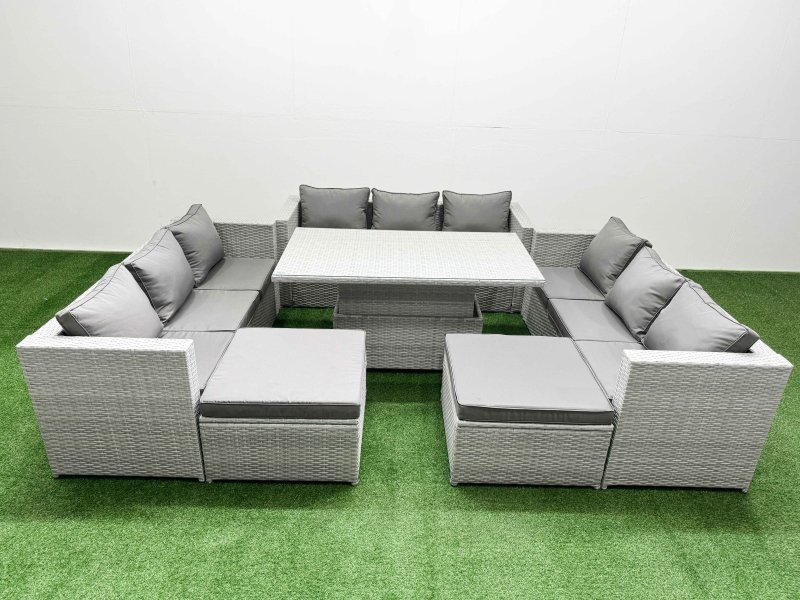 Fimous 6 PCs Rising Dining Table Set Rattan Furniture Set with 3 Seater Sofa 2 Big Footstool Light Grey