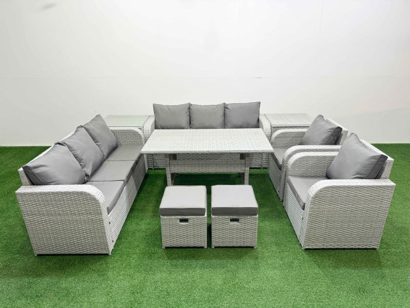Fimous PE Rattan High Back Lounge Sofa Set Patio Rectangular Dining Table & Chairs Set with 3 Seater Sofa Reclining Chair Stools 2 Side Table Light Grey