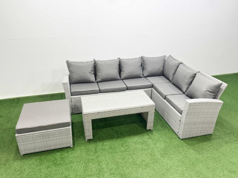 Fimous 7 Seater Garden Outdoor Rattan Furniture Set Rattan Corner Sofa Oblong Coffee Table Set with Big Footstool Light Grey Mixed