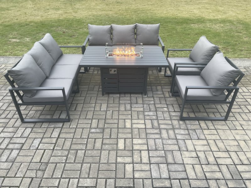 Fimous Aluminium 5 Pieces Garden Furniture Sofa Set with Cushions 8 Seater Gas Fire Pit Dining Table Set Dark Grey