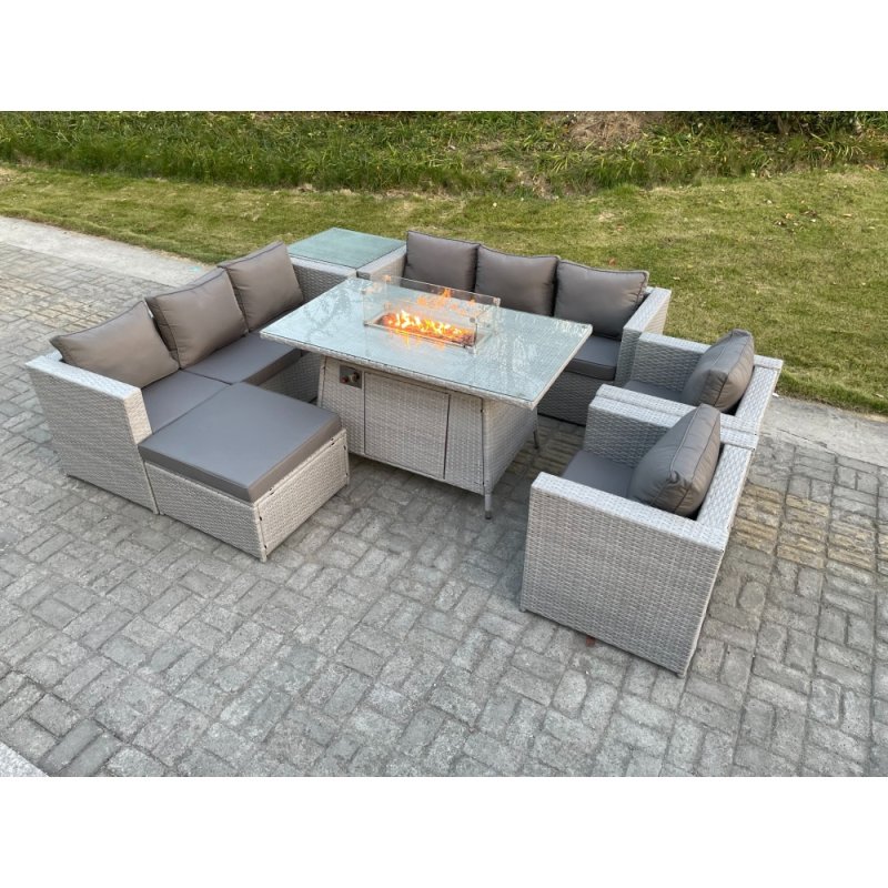 Fimous Light Grey Rattan Fire Pit Garden Furniture Set Gas Heater Burner Lounge Sofa Dining Set Coffee Table Chairs Footstool
