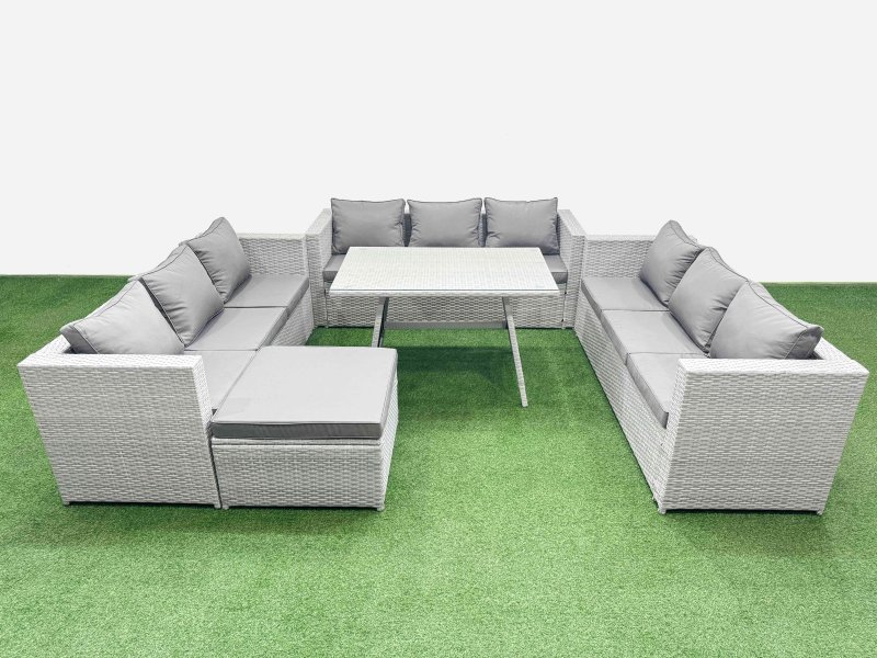 Fimous 10 Seat Outdoor Patio PE Rattan Garden Furniture with Cushions 3 Seater Sofa Big Stool Light Grey