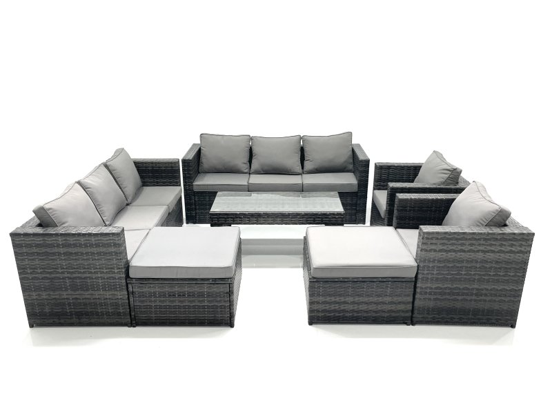 Fimous Rattan Garden Furniture Sofa Set with Coffee table Armchair 2 Big Footstools Dark Grey Mixed