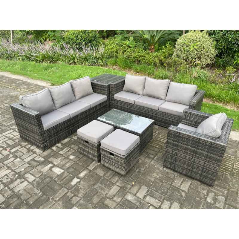 Fimous Wicker PE Rattan Sofa Set Outdoor Patio Garden Furniture with Armchair Oblong Coffee Table Side Table 2 Small Footstools Dark Grey Mixed