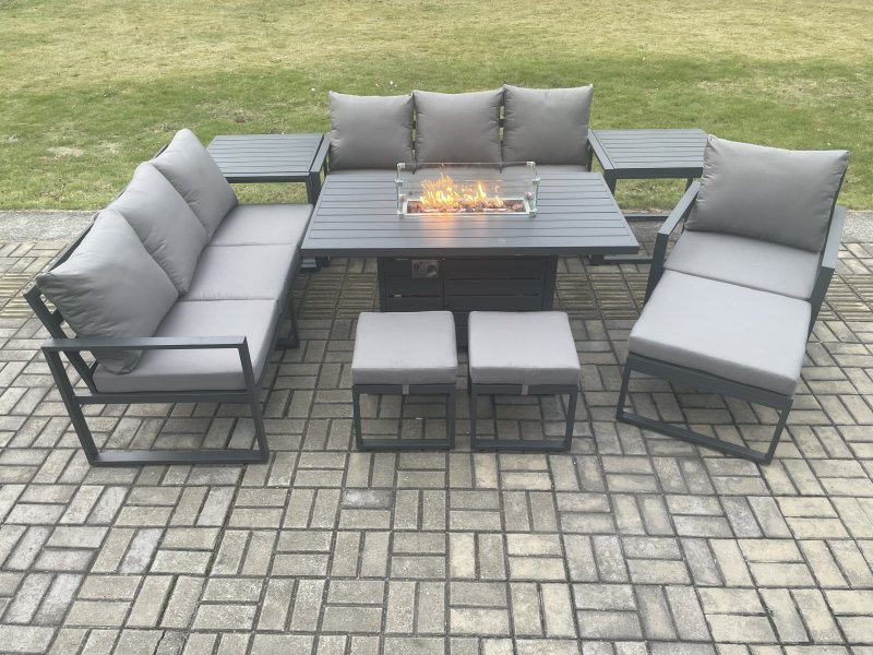 Fimous Aluminium 9 Pieces Garden Furniture Sofa Set with Cushions 10 Seater Gas Fire Pit Dining Table Set with 2 Side Tables 3 Footstools Dark Grey