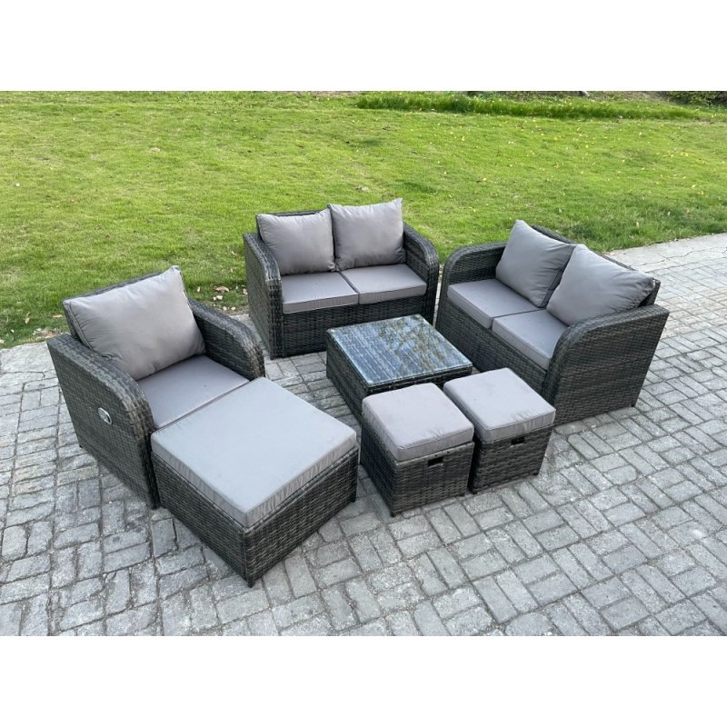Fimous 7 Piece Garden Furniture Sets 6 Seater Outdoor Patio Furniture Set Weaving Wicker Rattan Sofa Chair and Table with 3 Footstools