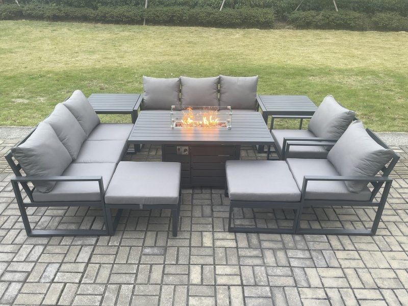 Fimous Aluminium Outdoor Garden Furniture Set Patio Lounge Sofa Gas Fire Pit Dining Table Set with 2 Side Tables 2 Big Footstools Dark Grey