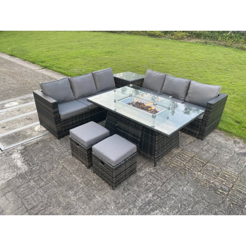 Fimous Outdoor Rattan Garden Corner Furniture Gas Fire Pit Table Sets Gas Heater Lounge Small Footstools Dark Grey 8 Seater