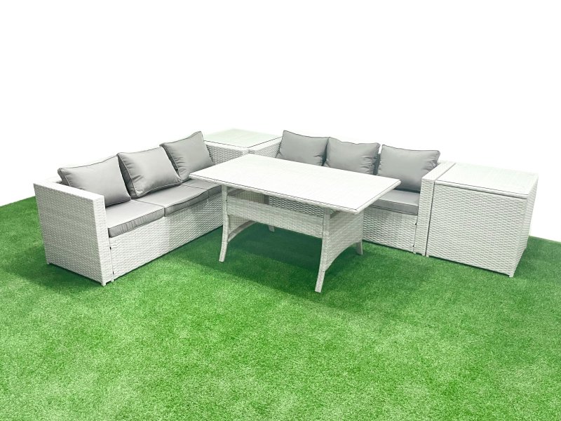 Fimous Rattan Garden Furniture Set 6 Seater Outdoor Sofa Set with Dining Table 2 Side Tables Light Grey Mixed