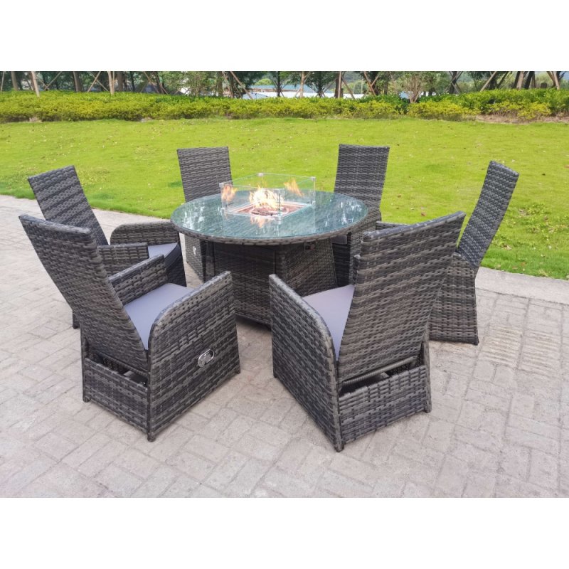 Fimous Rattan Garden Furniture Gas Fire Pit Round Dining Table And Chairs 6 Seater Plus Round Table