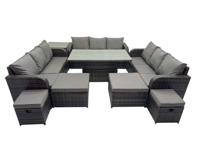 Fimous Rattan Garden Furniture Dining Set 13-seater Patio Height Adjustable Rising Lifting Table Sofa Set with Side Table Dark Grey Mixed
