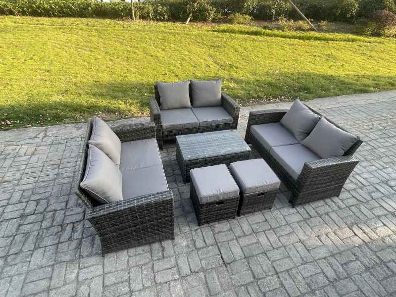 Fimous 6pc Rattan Sofa Garden Furniture Outdoor Patio Set with 2 Small Footstools Double Seat Sofa Dark Grey Mixed