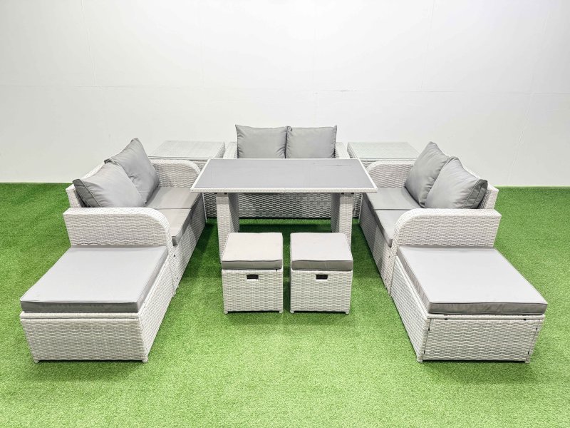 Fimous 10 Seater Patio Garden Furniture Sets with Black Glass Top Dining Table Love Sofa 4 Stools Light Grey