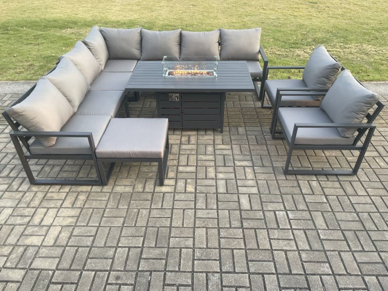 Fimous Aluminium 10 Seater Garden Furniture Outdoor Set Patio Lounge Sofa Gas Fire Pit Dining Table Set with 2 Chairs Big Footstool Dark Grey