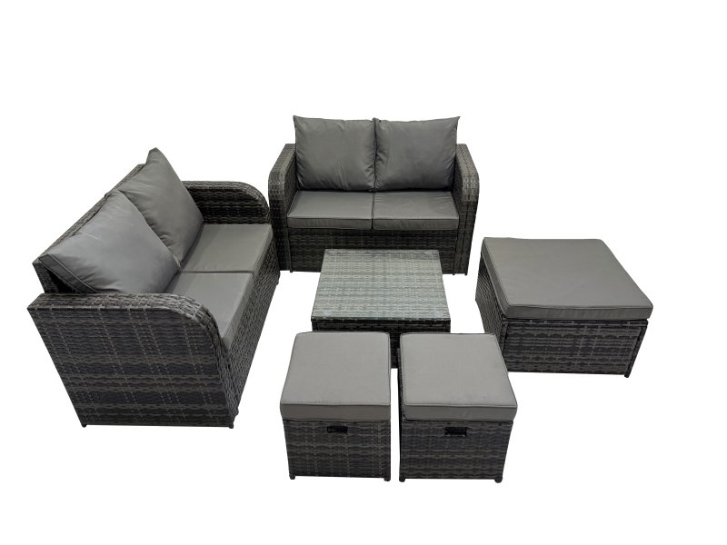 Fimous Rattan Garden Outdoor Furniture Set Love Sofa Square Coffee Table Set with 3 Stools Dark Grey Mixed