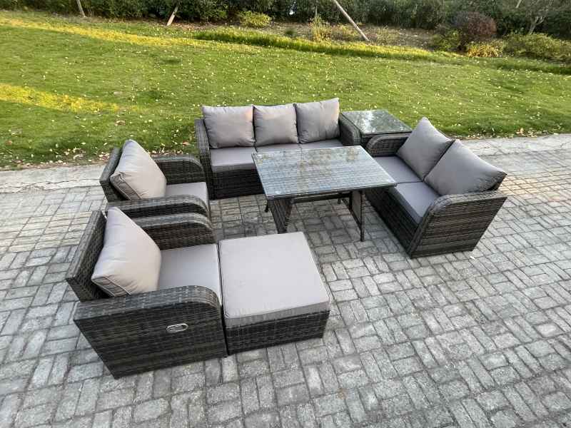 Fimous 8 Seater High Back PE Rattan Sofa Set Outdoor Garden Furniture Dining Table Set With Reclining Chair 3 Seater Sofa Love Sofa Big Footstool Side Table