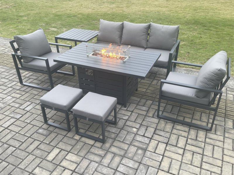 Fimous Aluminium Patio Outdoor Garden Furniture Lounge Sofa Set Gas Fire Pit Dining Table with Side Table 2 Small Footstools Dark Grey
