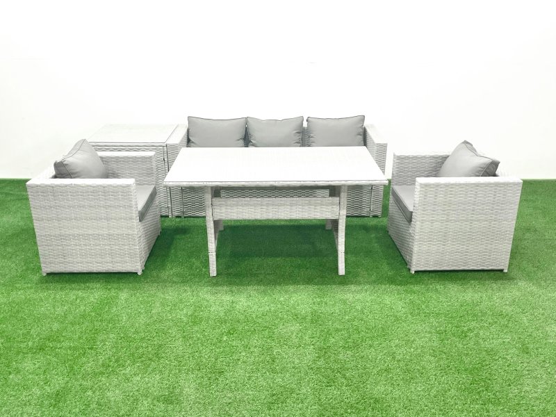 Fimous Garden Dining Set Outdoor Rattan Furniture Set with Sofa Dining Table 2 Chairs Side Table Light Grey Mixed