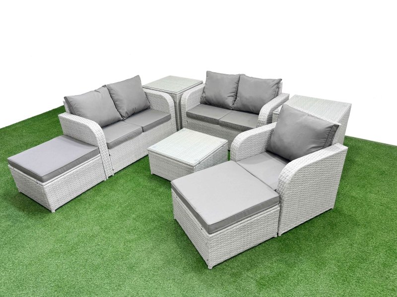Fimous High Back Poly Rattan Garden Furniture Set with Reclining Chair Loveseat Sofa Square Coffee Table Indoor Outdoor Patio Set 2 Big Stool 2 Side Table Light Grey