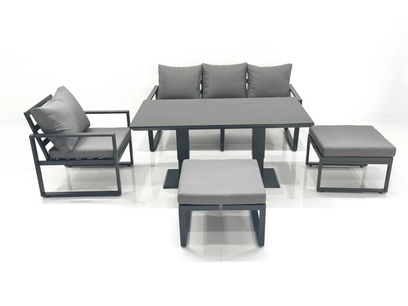 Fimous 6 Seater Garden Sofa Set Aluminium Furniture Rising Dining Tabe Set with Chair 2 Big Footstool Dark Grey