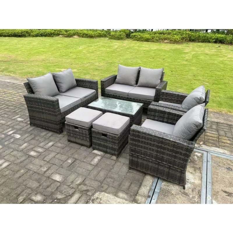 Fimous 8 Seater Dark Grey Mixed High Back Rattan Sofa Set Coffee Table Garden Furniture Outdoor Patio 2 Stools