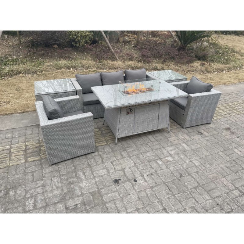 Fimous Light Grey Corner Rattan Garden Furniture Set Gas Fire Pit Heater Burner Lounge Sofa With 2 Side Coffee Table And Armchairs