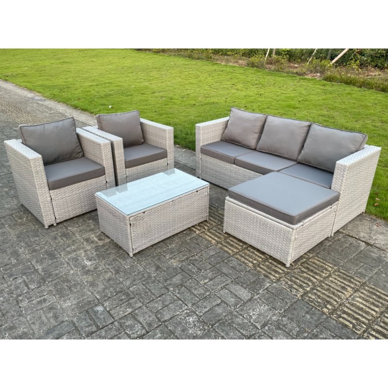 Fimous Light Grey Lounge Outdoor PE Rattan Garden Furniture Set Wicker Sofa Set Oblong Coffee Table With 2 Armchair