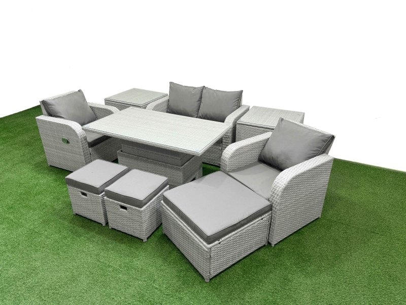 Fimous Light Grey PE Wicker Rattan Garden Furniture Set Sofa Set Reclining Chair Adjustable Lifting Dining or Coffee Table 7 Seater 3 Stools 2 Side Table