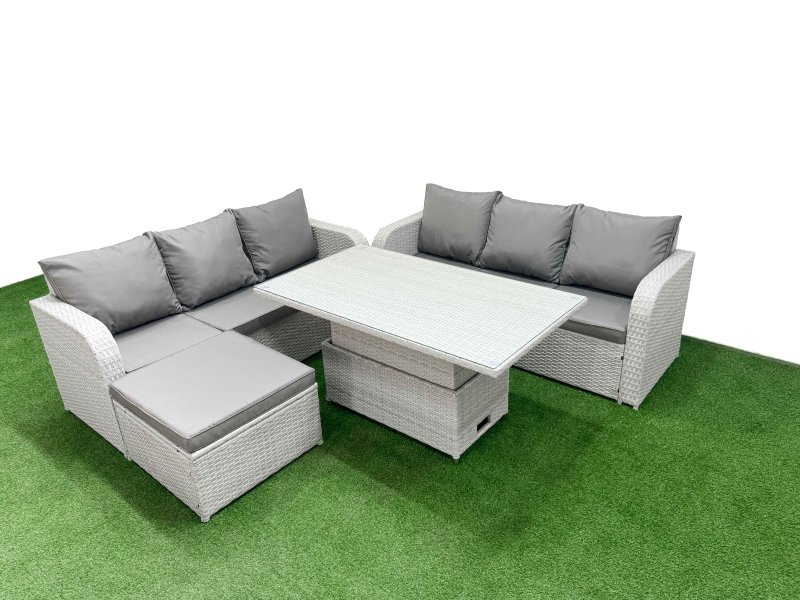 Fimous Outdoor Garden Furniture Sets 7 Seater Wicker Rattan Furniture Sofa Sets with Adjustable Lifting Dining or Coffee Table high Back Lounge Sofa Big Footstool Light Grey