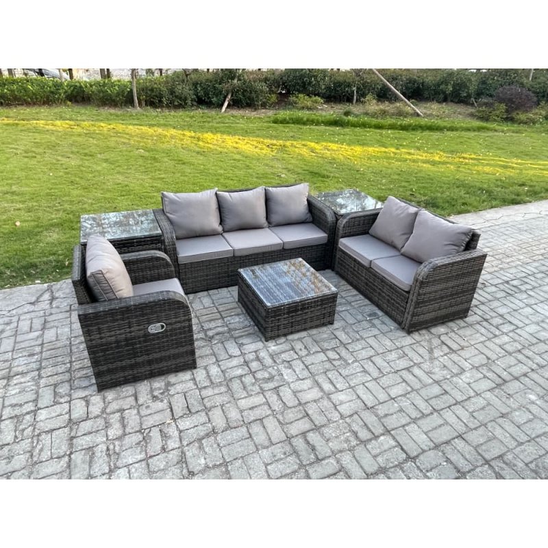 Fimous Rattan Garden Furniture 6 Piece Patio Set With Table Sofa Square Coffee Table Reclining Chair Loveseat sofa 2 Side Tables
