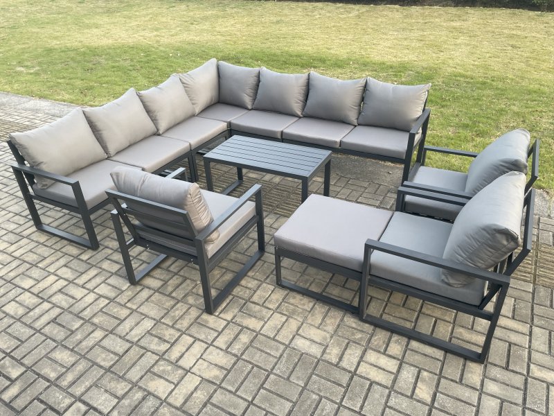 Fimous Aluminium Patio Outdoor Garden Furniture Lounge Corner Sofa Set with Oblong Coffee Table Big Footstool 3 Chair Dark Grey