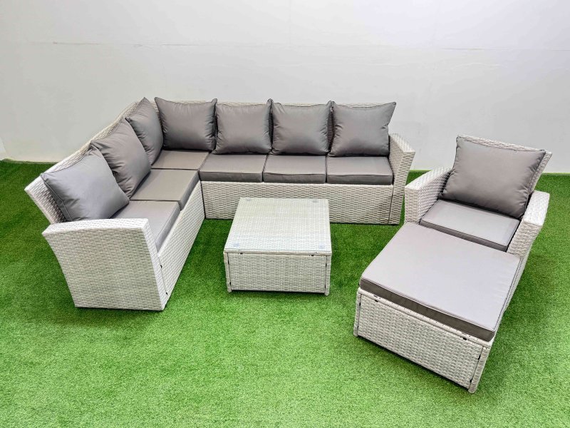 Fimous Outdoor Rattan Garden Furniture Set 8 Seater Corner Sofa Sets with Square Coffee Table Chair Big Footstool Light Grey Mixed