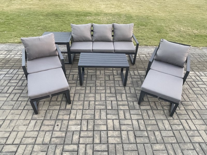 Fimous Aluminium 7 Pieces Garden Furniture Sofa Set with Cushions 7 Seater Outdoor Patio Set with 2 Armchair 2 Big Footstools Side Table Dark Grey