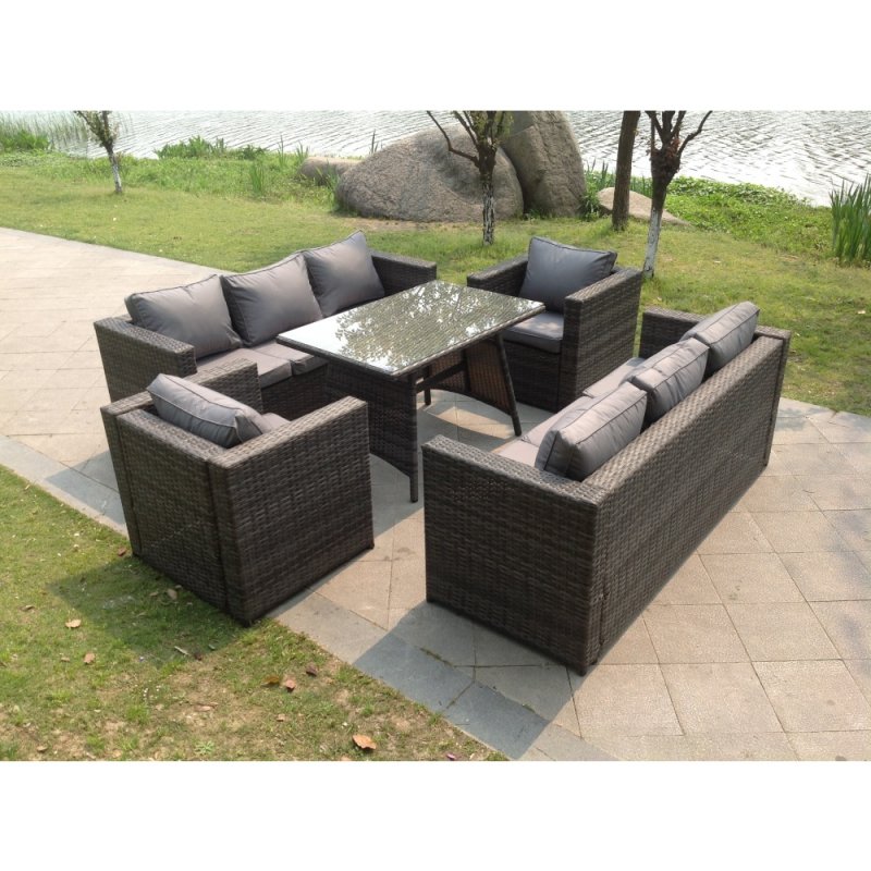 Fimous 8 Seater Lounge Rattan Sofa Set Dining Table Armchairs Garden Furniture Outdoor With Clear Tempered Glass