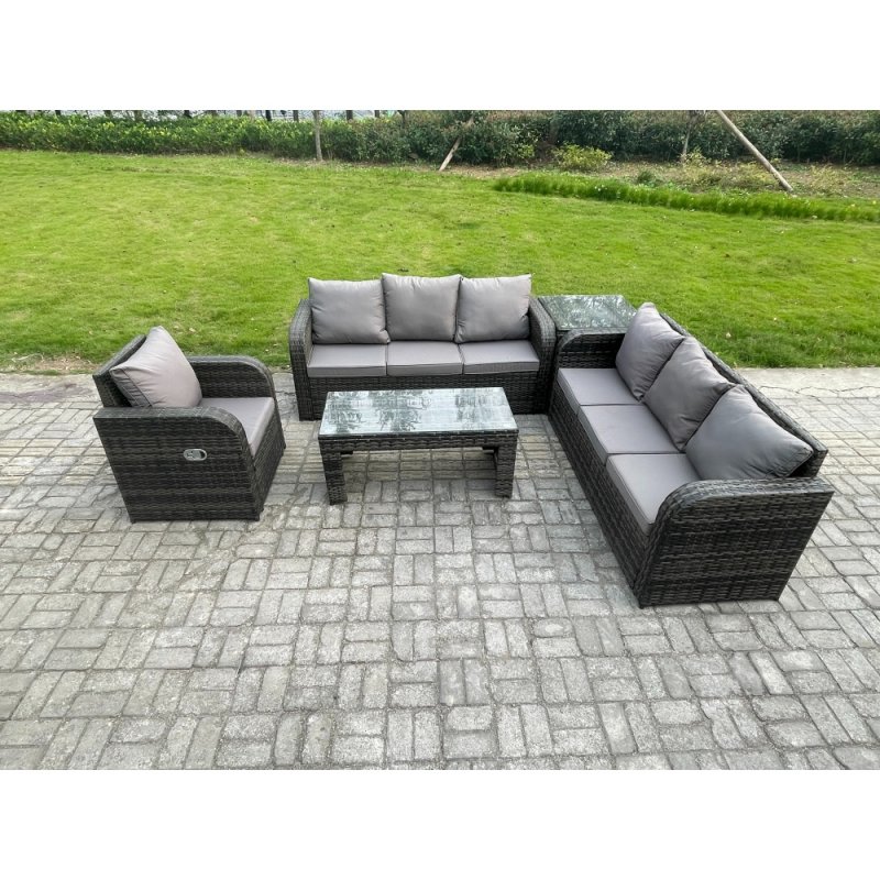 Fimous 7 Seater Wicker PE Rattan Sofa Set Outdoor Patio Garden Furniture Set with Side Table Reclining Chairs Coffee Table Dark Grey Mixed