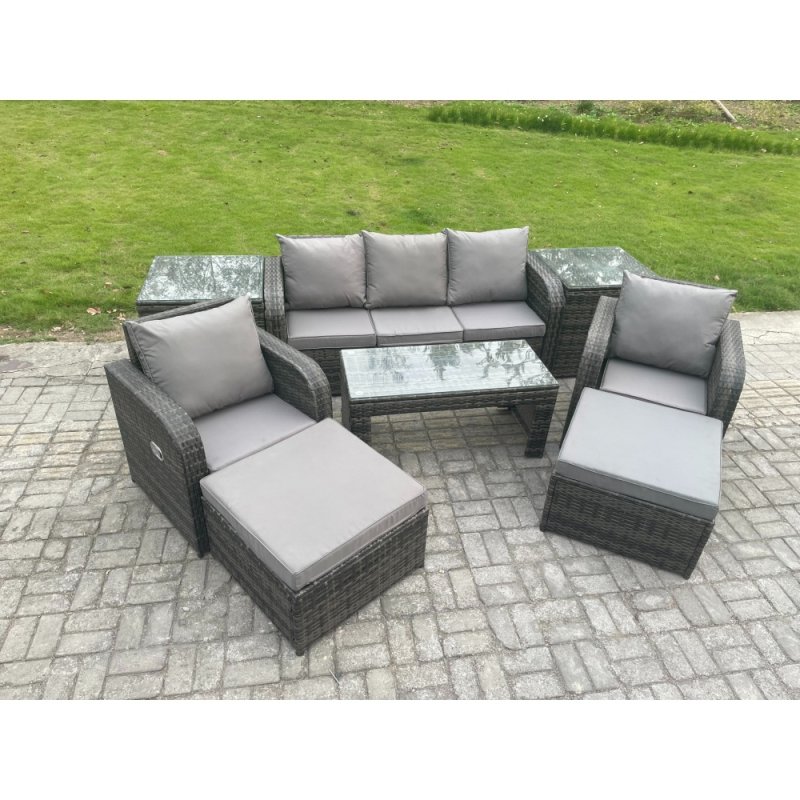 Fimous Rattan Garden Furniture Set with Rectangular Coffee Table 2 Side Tables 2 Big Footstool 7 Seater Patio Outdoor Lounge Sofa Set