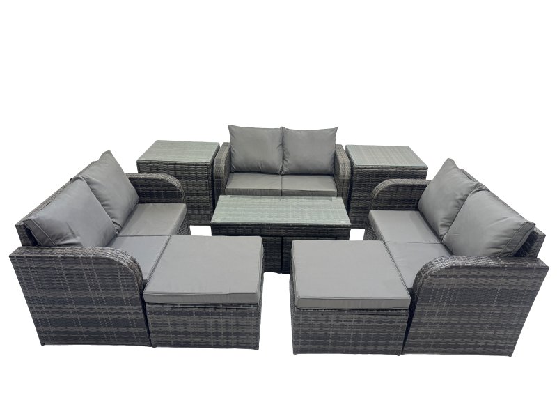 Fimous 3 Seater Sofa Reclining Chair Coffee Table Set Rattan Garden Outdoor Furniture Set with 2 Side Table 2 Big Footstools Dark Grey Mixed