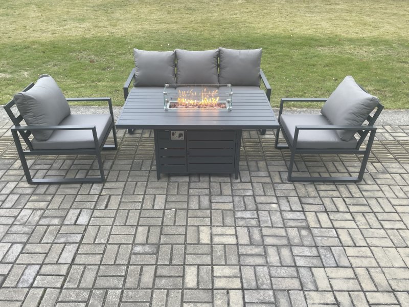 Fimous Aluminium Outdoor Garden Furniture Set Gas Fire Pit Dining Table Set Gas Heater Burner with 2 Arm Chair Dark Grey 5 Seater
