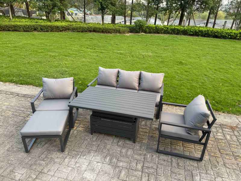 Fimous 6-Piece Aluminium Garden Furniture Sets 5 Seater Outdoor Sofa Set with Adjustable Rising Lifting Dining Table 2 Chairs 2 Side Tables