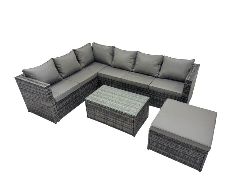 Fimous Outdoor Rattan Rectangular Coffee Table Corner Sofa Sets Garden Furniture Set with Big Stool Dark Grey Mixed