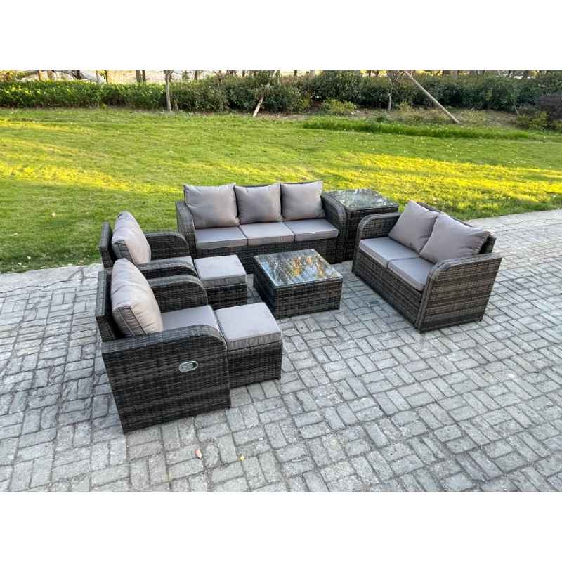 Fimous 9 Seater Garden Furniture Set Rattan Outdoor Lounge Sofa Chair With Tempered Glass Table Side Table 2 Small Footstools Dark Grey Mixed