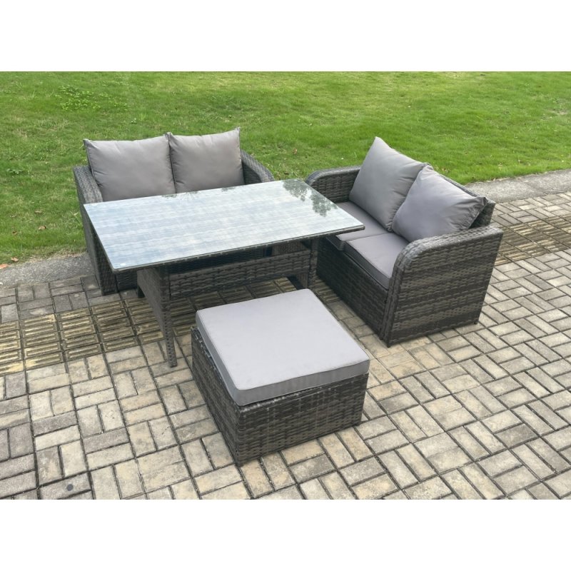 Fimous Garden Patio Furniture Wicker Rattan Oblong Rectangular Dining Table and Loveseat Sofa set with Big Footstool Dark Grey Mixed