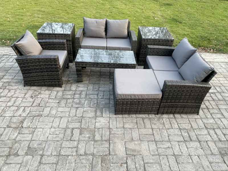 Fimous 7pcs Rattan Outdoor Garden Furniture Sofa Set with Coffee Table 2 Side Tables Big Footstool Dark Grey Mixed