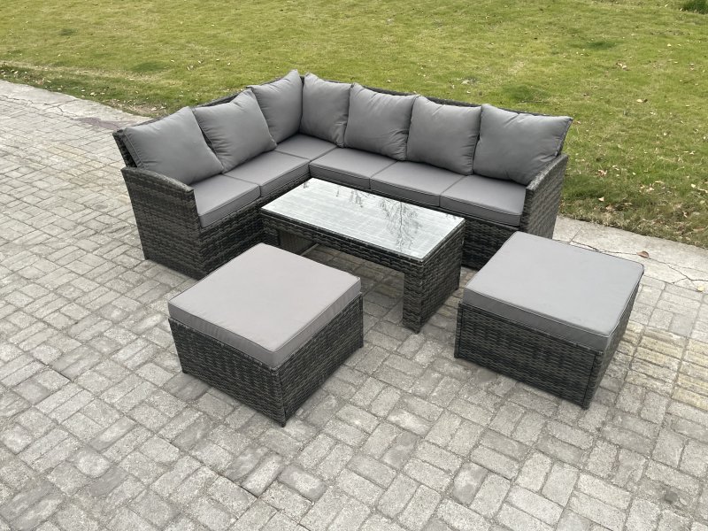 Fimous Rattan Garden Furniture Sets High Back Corner Sofa Oblong Coffee Table Set with 2 Big Footstool Dark Grey Mixed